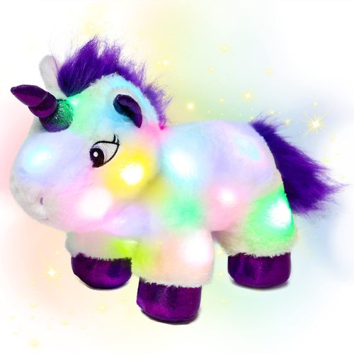 Hopearl LED Plush Unicorn Lighting Up Stuffed Animal Floppy Night Lights Glow in The Dark Birthday Gifts for Kids Toddler Girls, White, 15''