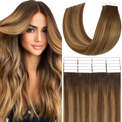 Anrosa 20pcs 50g Tape in Hair Extensions Ombre Chocolate Brown to Caramel Blonde Remy Human Hair Extensions Balayage Seamless Straight Real Hair Extensions Tape in Natural Hair 20 Inch