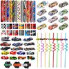 108PCS Race Car Party Favors Car Themed Birthday Party Goodie Bags Stuffers with Party Straw, Bubble Slap Bracelet,Race Cars,DIY Car Stickers,Pencil Caps Suitable Race Car Party