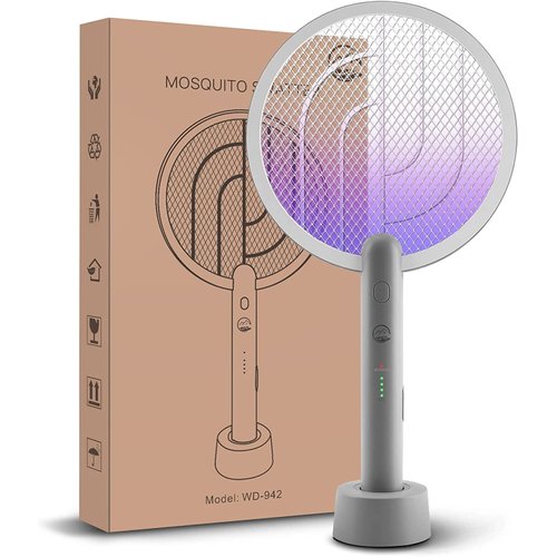 Electric Fly Swatter Racket, Mosiller 2 in 1 Smart Bug Zapper with USB Rechargeable Base, Powerful Mosquitoes Trap Lamp & Fly Killer with 3-Layer Safety Mesh for Home, Bedroom, Kitchen, Patio（1 Pack）