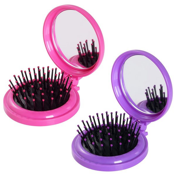 2pcs Folding Travel Mirror Hair Brushes Round Mirror Pocket Hair Brush Portable Mini Pop Up Hair Brushes for Women Girls Wet and Dry Hair