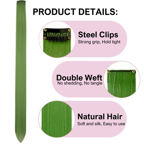 Hair Extensions Seaweed Green Colored Clip in Hair Extensions Straight Synthetic Colorful Hair Extensions for Kids Women Festival Party 22 inch