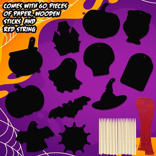 ArtCreativity Halloween Crafts (Bulk) - Scratch Art for Kids, 60 Sets with 60 Designs, 60 Sticks & Red Strings - Magic Colorful Scratch Art Party Favors, DIY Activity for Kids Classroom Decoration