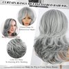 LEOSA Gray Wigs for Women Silver Wig with Curtain Bangs Layered Wig Long Wavy Gray Ombre Wig Shoulder-Length Long Haired Wig Synthetic Light Grey Wig Natural Real Hair Wig for Daily Party Use