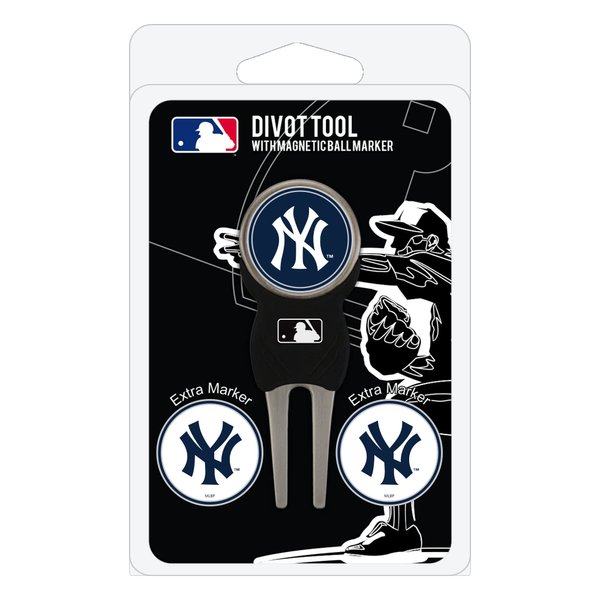 Team Golf MLB New York Yankees Divot Tool Pack With 3 Golf Ball Markers Divot Tool with 3 Golf Ball Markers Pack, Markers are Removable Magnetic Double-Sided Enamel