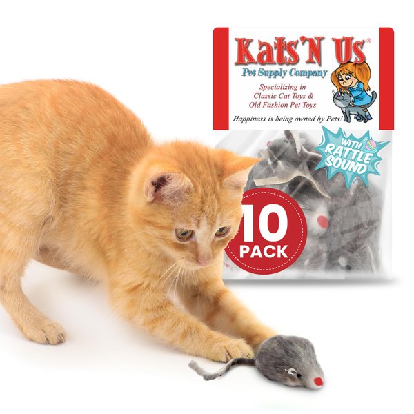 Kats'N Us Real Rabbit Fur Mouse Cat Toy - 10 Pak Rattle Sound