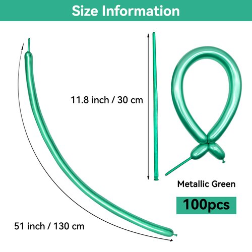 ZBYDNG 260 Balloons, Thickening Long Balloons for Tying Balloon Arch, Twisting Latex Animals Magic Modeling Skinny Birthday Balloons for Kid‘s Party Wedding Decoartion 100pcs （Metallic Green）