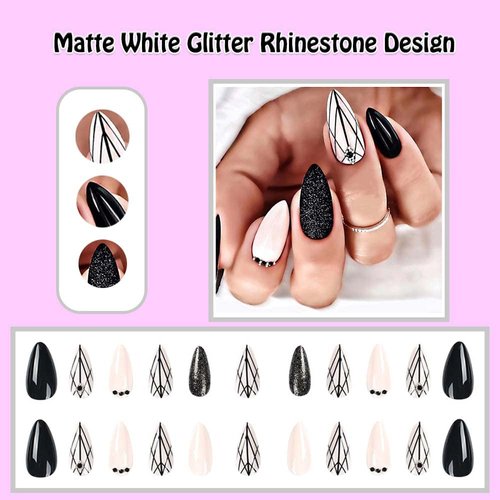ANDGING Black Press on Nails Short Medium Almond Fake Nails Glue on Nails for Women with Matte White Glitter Rhinestone Design Cute Acrylic False Nails Stick on Nails for Wedding Birthday 24PC ALK688