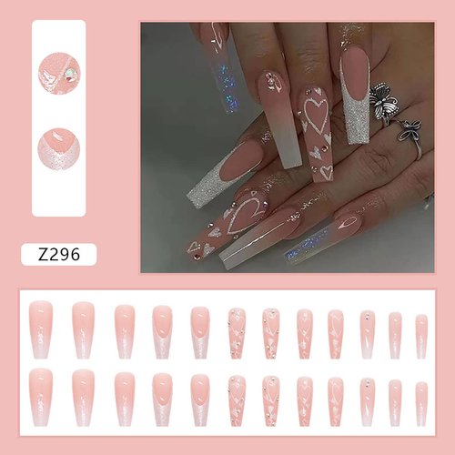 24 Pcs Heart Pink French Tip Press on Nails Long Coffin Fake Nails Glitter Rhinestones Glossy False Nails Full Cover Heart Stick on Nails with Glue on Nails for Women Girls DIY Nail Manicure Tip