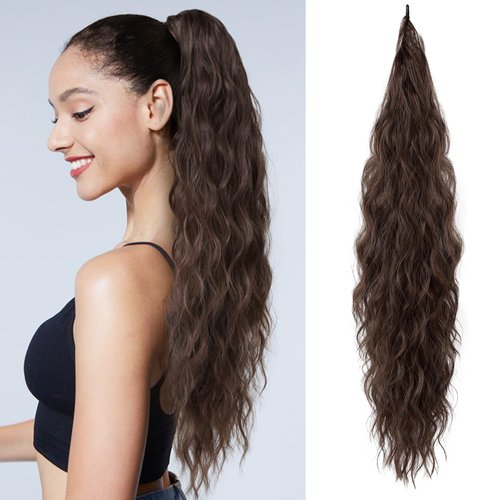 FLUFYMOOZ Ponytail Extension, Flexible Wrap Around Ponytail Extension Long Wavy Curly Ponytail Hair Extensions Natural pony tail Synthetic Hairpiece for Women 32 Inch (Dark Chocolate Brown)