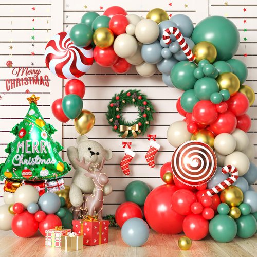 Christmas Balloon Arch Garland Kit, Retro Green Dusty Blue Balloons Arch with Christmas Candy Can...
