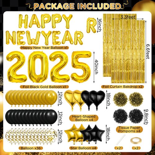 Black Gold Happy New Year Decorations 2025 Happy New Year Letter Foil Balloons Gold Fringe Curtains Backdrop Pom Poms Balloons Arch Garland Kit for New Years Eve Party Favors Supplies