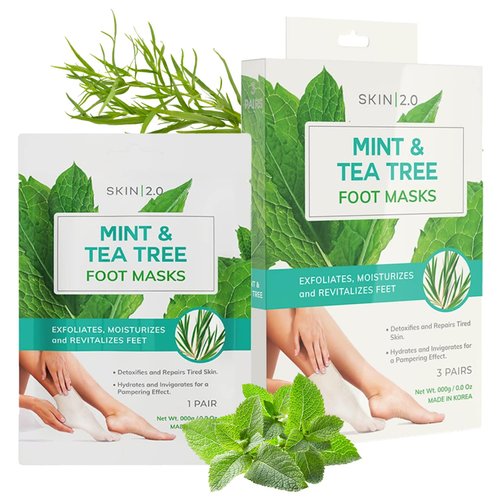 Skin 2.0 Tea Tree and Mint Foot Masks Moisturizing Socks - Fights Athlete's Foot, Detoxifies & Exfoliates, Relaxing & Cooling Foot Mask - Cruelty Free Korean Skin Care For All Skin Types - 3 Pairs