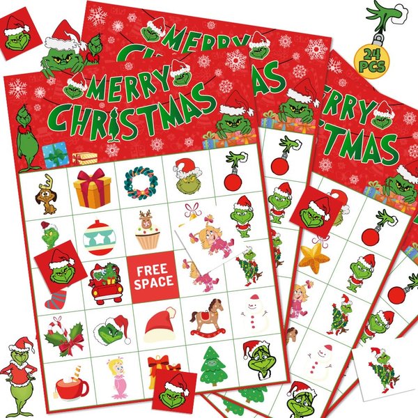 AINECON Giftable Box Christmas Games for Kids, 24 Players Christmas Bingo for Kids, Xmas Activities for Family, Children Party Board Games