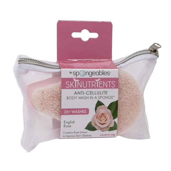 Spongeables Skinutrients anticellulite body wash in a sponge, spa cellulite massager, moisturizer and exfoliator, 20+ washes 4 sponge, Pink, English Rose, 1oz
