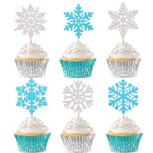24 Pack Snowflake Cupcake Toppers Glitter Winter Snowflake Cupcake Picks Winter Frozen Cake Decorations Snowflake Christmas Baby Shower Kids Birthday Party Supplies Light Blue/Silver