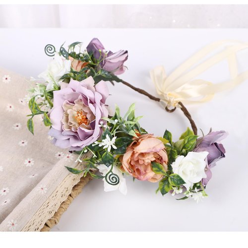 Vivivalue Floral Crown Bridal Floral Headband Hair Wreath Flower Headpiece Halo Wedding Party Photos Lavander