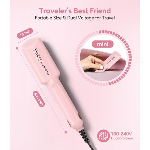 FARERY Mini Flat Iron, 1.5 Inch Wider Plate, Ceramic Mini Hair Straightener for Short to Medium Hair, Portable Hair Straightener with Dual Voltage and Storage Bag