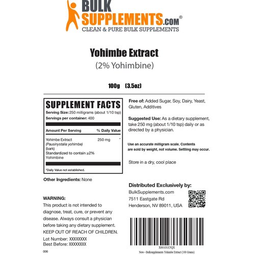 BulkSupplements.com Yohimbe Extract Powder - Yohimbe Bark Extract, Yohimbe Supplements for Men & Women, Yohimbe Bark Powder - Herbal Supplement, Gluten Free, 250mg per Serving, 100g (3.5 oz)