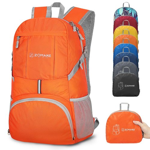 ZOMAKE Lightweight Packable Backpack 35L - Light Foldable Backpacks Water Resistant Collapsible Hiking Backpack - Compact Folding Day Pack for Travel Camping(Orange)