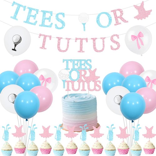 Sursurprise Golf Gender Reveal Decorations, Tees or Tutus Banner Pink Blue Balloons Cupcake Toppers for Boy or Girl Golf Baby Shower Gender Reveal Party Supplies