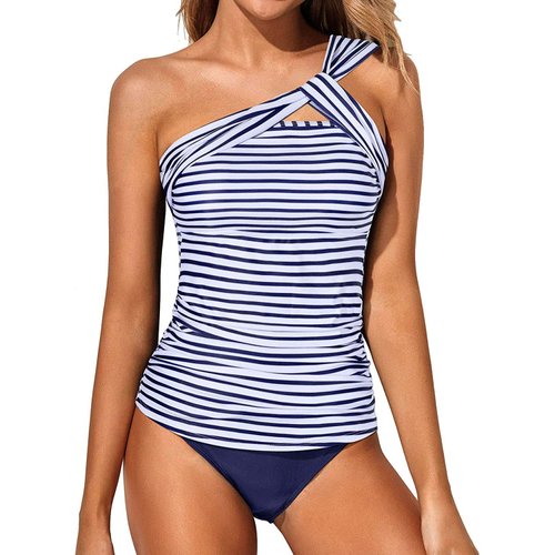 Tempt Me White Blue Stripe Two Piece Tankini Bathing Suits for Women One Shoulder Swim Top with Shorts Swimsuits M