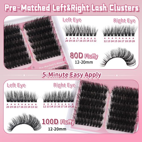 Fluffy Lash Clusters 12-20mm Left&Right Lashes 80D+100D Cat Eye Wispy Eyelash Clusters 216 PCS D Curl Thick Volume Individual Lashes 3D Soft DIY Cluster Eyelash Extensions at Home by Anforlin