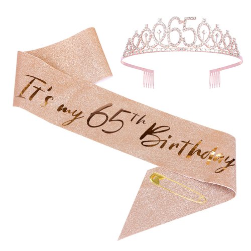 JasperKino 65th Birthday Sash and Tiara Set Rose Gold Birthday Sash Crown Birthday Party Favors Supplies for Girls Birthday Party
