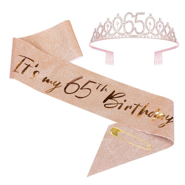 JasperKino 65th Birthday Sash and Tiara Set Rose Gold Birthday Sash Crown Birthday Party Favors Supplies for Girls Birthday Party