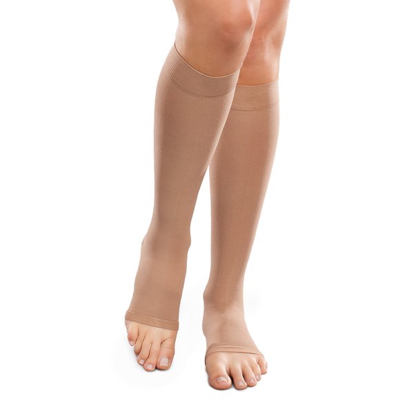 Therafirm Ease Opaque Open-Toe Knee Highs - 15-20mmHg Mild Compression Stockings (Sand, XL Long)