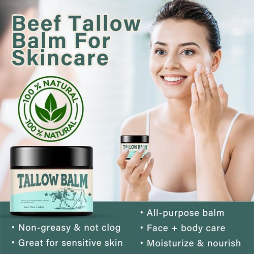 HENITAR Tallow Balm, Beef Tallow for Skin, Organic Grass Fed Tallow Balm, Moisturizing and Smooth Skin for Face and Body, 2 Fl.oz, 02A