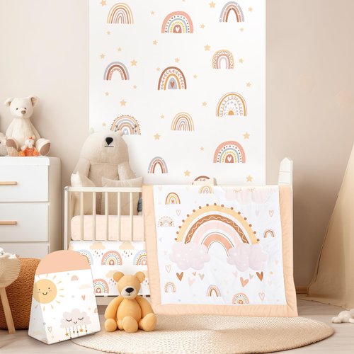 Hahafelt 4 Pieces Rainbow Boho Crib Bedding Set for Girls and Boys, Bohemian Soft Baby Bedding Set Including Crib Skirt, Comforter, Crib Sheet and Diaper Stacker for Nursery
