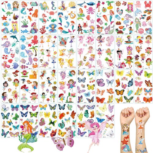 30 Sheets Temporary Tattoos Kit, 286Pcs Fake Cute Tattoo Stickers Waterproof, Birthday Party Favor (Mermaid & Flower Fairy & Butterfly)