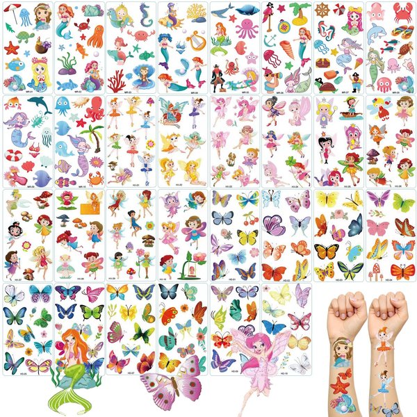 30 Sheets Temporary Tattoos Kit, 286Pcs Fake Cute Tattoo Stickers Waterproof, Birthday Party Favor (Mermaid & Flower Fairy & Butterfly)