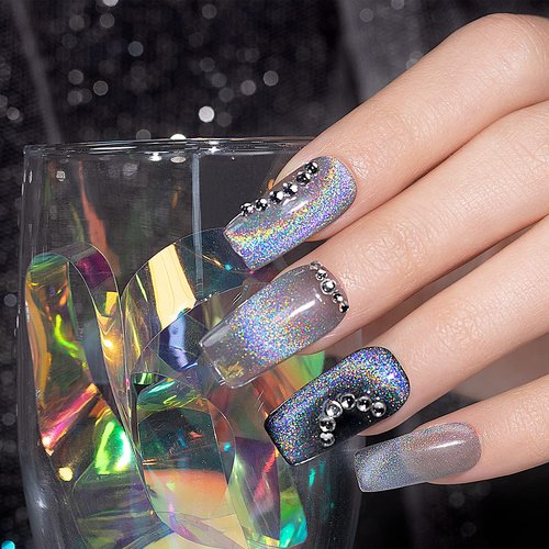 RARJSM Cat Eye Gel Nail Polish, Gel Polish Galaxy Rainbow Effect Universal Silver Holographic Glitter Gel with Magnet Soak Off UV LED DIY Manicure Art for Salon Designs and Home DIY 7.5ML/0.26fl oz