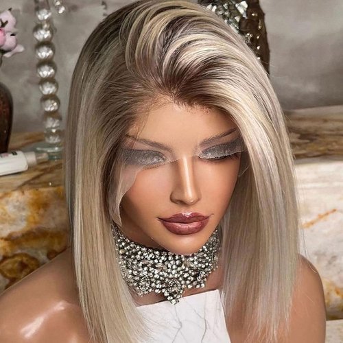 RHAH Ombre 613 Blonde Bob Wigs with Dark Brown Roots HD Ultra-thin Invisible Transparent Lace Fro...