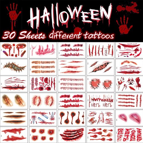 30 Sheets Fake Scars Temporary Tattoos, Halloween Tattoo Stickers Horror Wound Stitch Face Decals Body Makeup Zombie Sticker Cosplay Masquerade Scary Prank Blood Props Halloween Party for Women Men