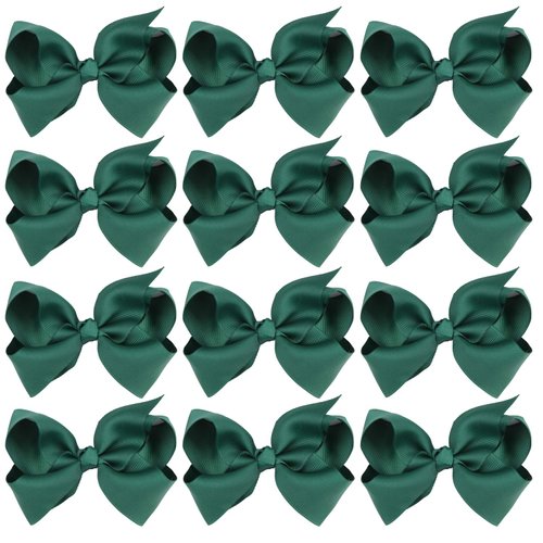 4 Inch Boutique Girls Hair Bows Hair Clips for Girls Toddlers 12 Pcs Solid Color (Forest Green)