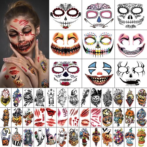 3D Halloween Face Temporary Tattoo for Men and Women，Face Mask Fake Tattoo Stickers Skeleton Skull Makeup Kit，Witch Ghost Pumpkin Lantern Bat Eagle Jack Civet Cat Waterproof Tiny Tattoo Stickers