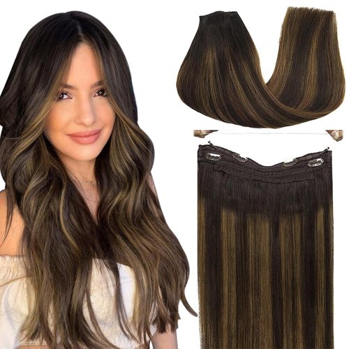 GOO GOO Wire Hair Extensions Real Human Hair, 18inch 95g Dark Brown to Chestnut Brown, Invisible Wire Hair Extensions with Transparent, Seamless Fish Line Hairpiece, Straight Remy Hair Extensions