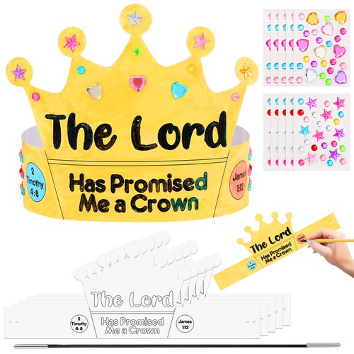 Realspring 18 Sets The Lord Has Promised Me a Crown Craft Kit with Gems Stickers Elastic Cords VBS DIY Color Your Own Crown Crafts Coloring Kit Headband for Sunday School Home Activities Party Favor