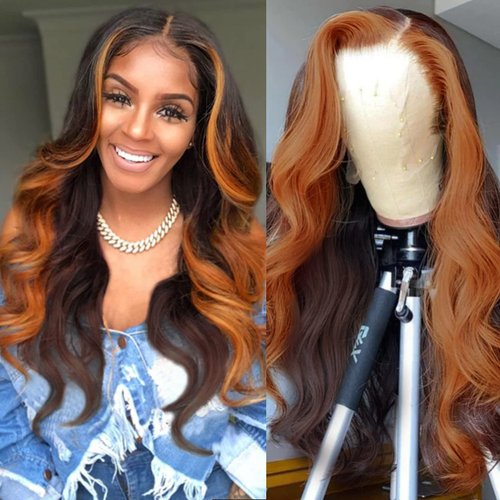 Skunk Stripe Ginger Brown 13x4 Transparent Lace Frontal Human Hair Body Wave Ombre Chocolate Brown Human Hair Wigs for Women Glueless False hair Pre Plucked Bleached Knots 28 Inch 150% Density