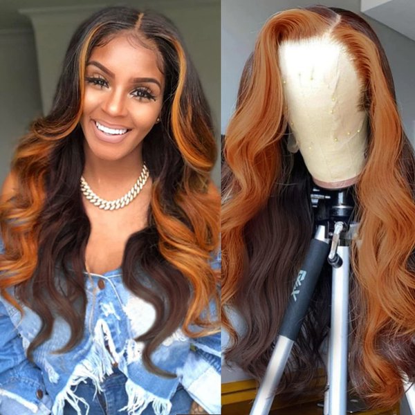 Skunk Stripe Ginger Brown 13x4 Transparent Lace Frontal Human Hair Body Wave Ombre Chocolate Brown Human Hair Wigs for Women Glueless False hair Pre Plucked Bleached Knots 28 Inch 150% Density