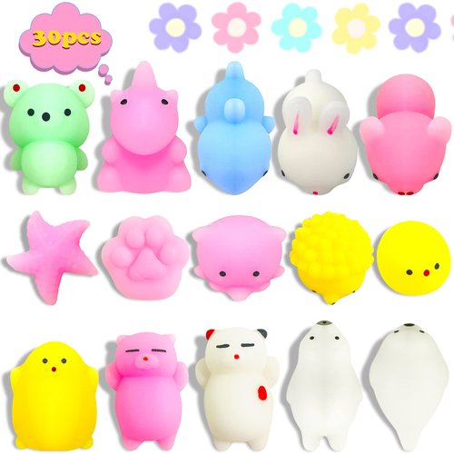 Mochi Squeeze Animal Toy 30 Pcs Mini Kawaii Mochi Stress Relief Squeeze Toys for Party Favors Boys & Girls Birthday Gifts, Classroom Prize, Goodie Bags Stuffers Stress Reliever Anxiety Toys