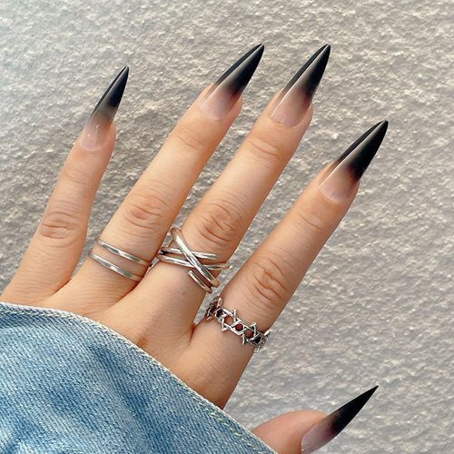 Halloween Press on Nails Long Almond Fake Nails Stiletto Nails Press ons Glossy Glue on Nails Black Gradient Acrylic Nails Halloween Artificial Stick on Nails for Women 24Pcs