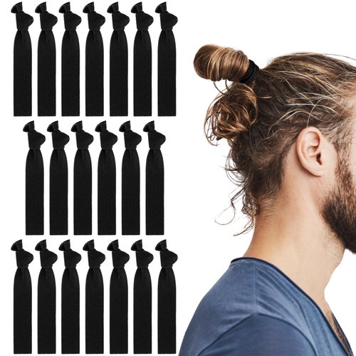 Teaaha Hair Ties 20 PCS, Black Knotted Hair Ties for Guys, Men's Long Hair Ties, Curly Thick Elastic Hair Bands, No Crease Man Bun Hair Tie, Perfect Hairties for Men