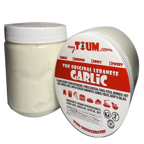 Toum Lebanese Garlic Sauce Paste Made in USA Toom Dip Mediterranean Chicken Fries Pizza BBQ Shish Tawook Shawarma Kabob Falafel Meat Gravy Dips Sauces Marinade, 500ml 17oz