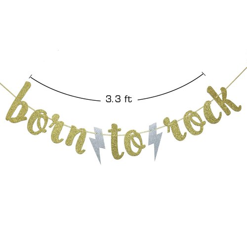 Born to Rock Glitter Banner for Rock Birthday Party Decorations(Gold)