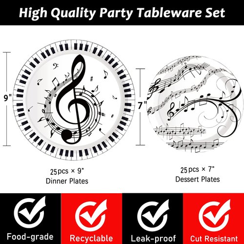 50Pcs Musical Notes Party Supplies Music Paper Plates Tableware Set 9" Music Notes Dinner Plates 7"Music Dessert Plates for Music Themed Karaoke Jazz Party Music Birthday Party Decorations Serve 25