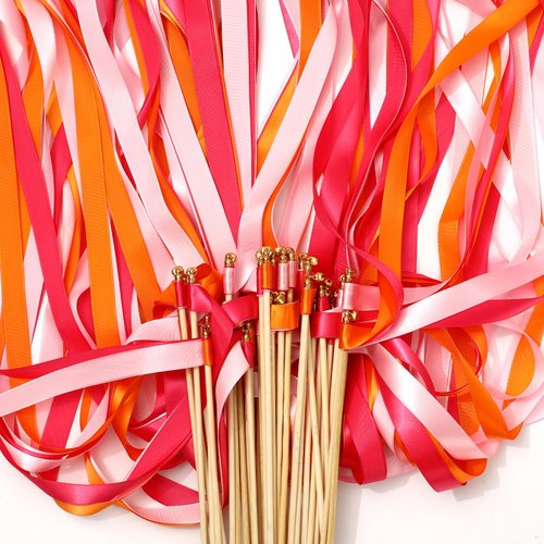 Whaline 40Pcs Wedding Ribbon Sticks with Bells Pink Orange Streamers Fairy Stick Wands Ribbon Tassel Wands for Baby Shower Send Off Party Activities Holiday Celebration Supplies